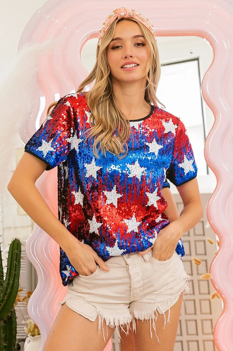BiBi American Flag Theme Star Pattern Sequin Top - NeoKira Unlimited