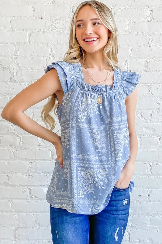 And The Why Boho Print Rayon Linen Ruffle Baby Doll Tank Top - NeoKira Unlimited