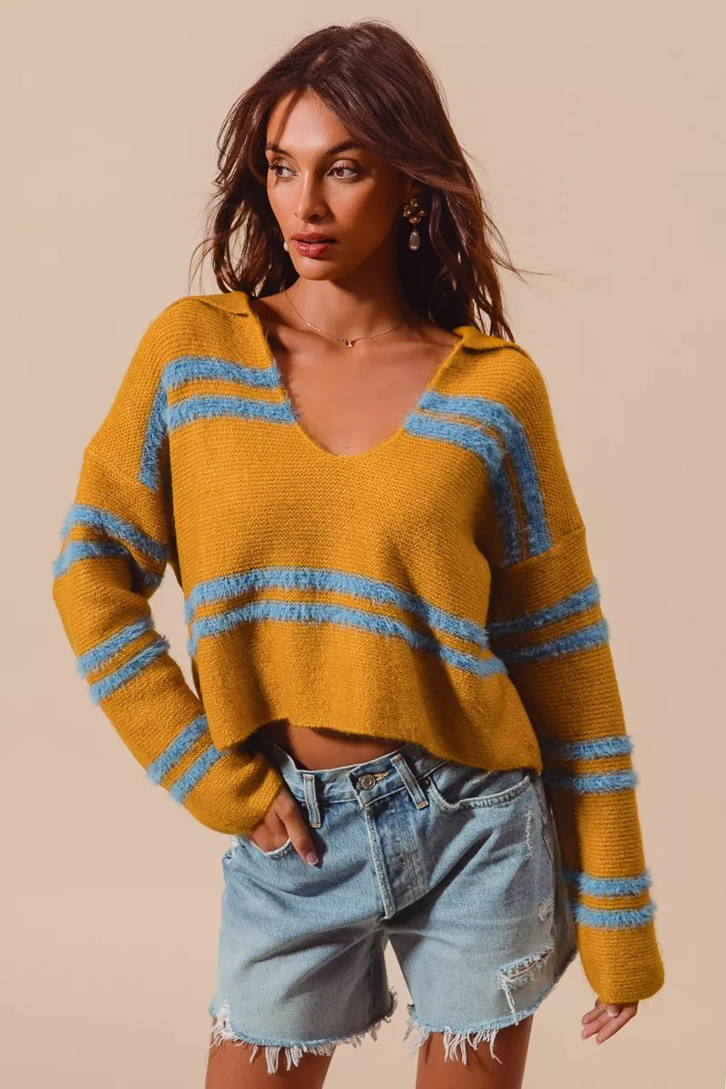 SO ME Fuzzy Hairy Stripe Deep U Neck Oversized Sweater - NeoKira Unlimited