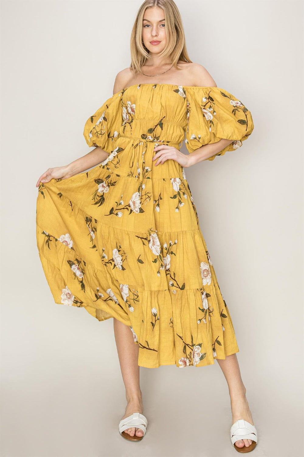 HYFVE Floral Puff Sleeve Tiered Dress Maxi Dress Trendsi MUSTARD S 