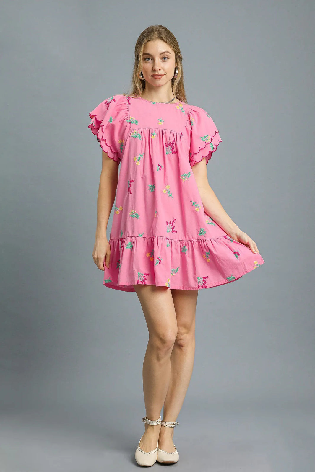 Umgee Floral Embroidered Short Sleeve Mini Dress Tiered Flutter Sleeve Resort Style - NeoKira Unlimited