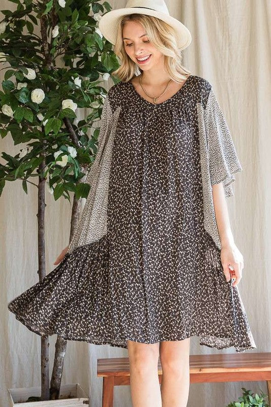 Jade By Jane Boho Chic Relaxed Fit Color Block Floral Print V-Neck Ruffle Dress Plus Size - NeoKira Unlimited