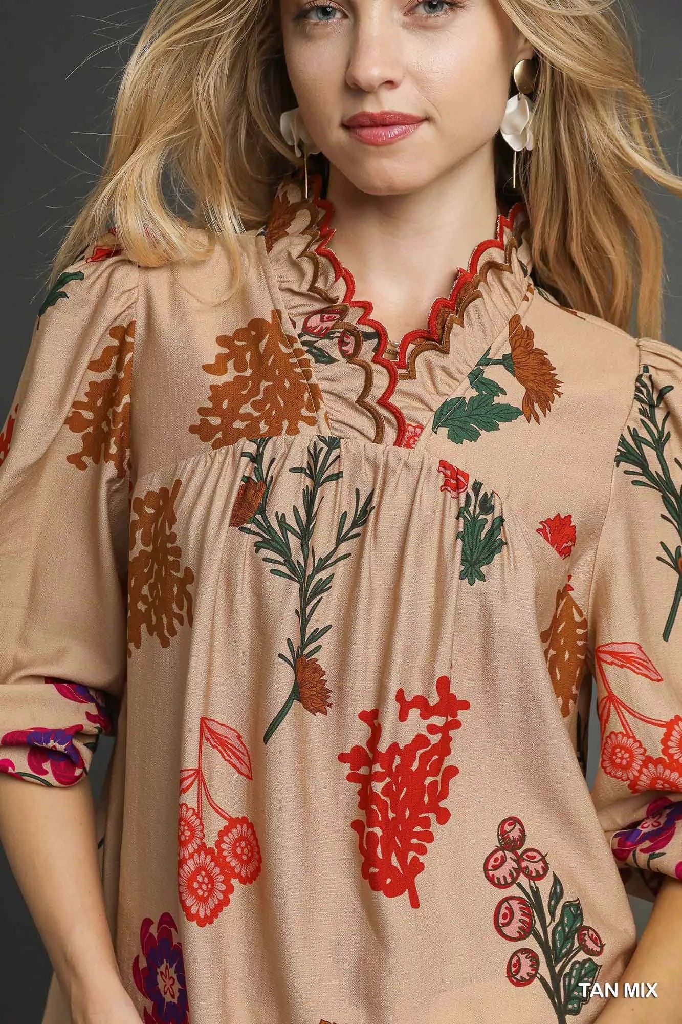 Umgee Flower Print Blouse with Scalloped Neckline Boho Chic - NeoKira Unlimited