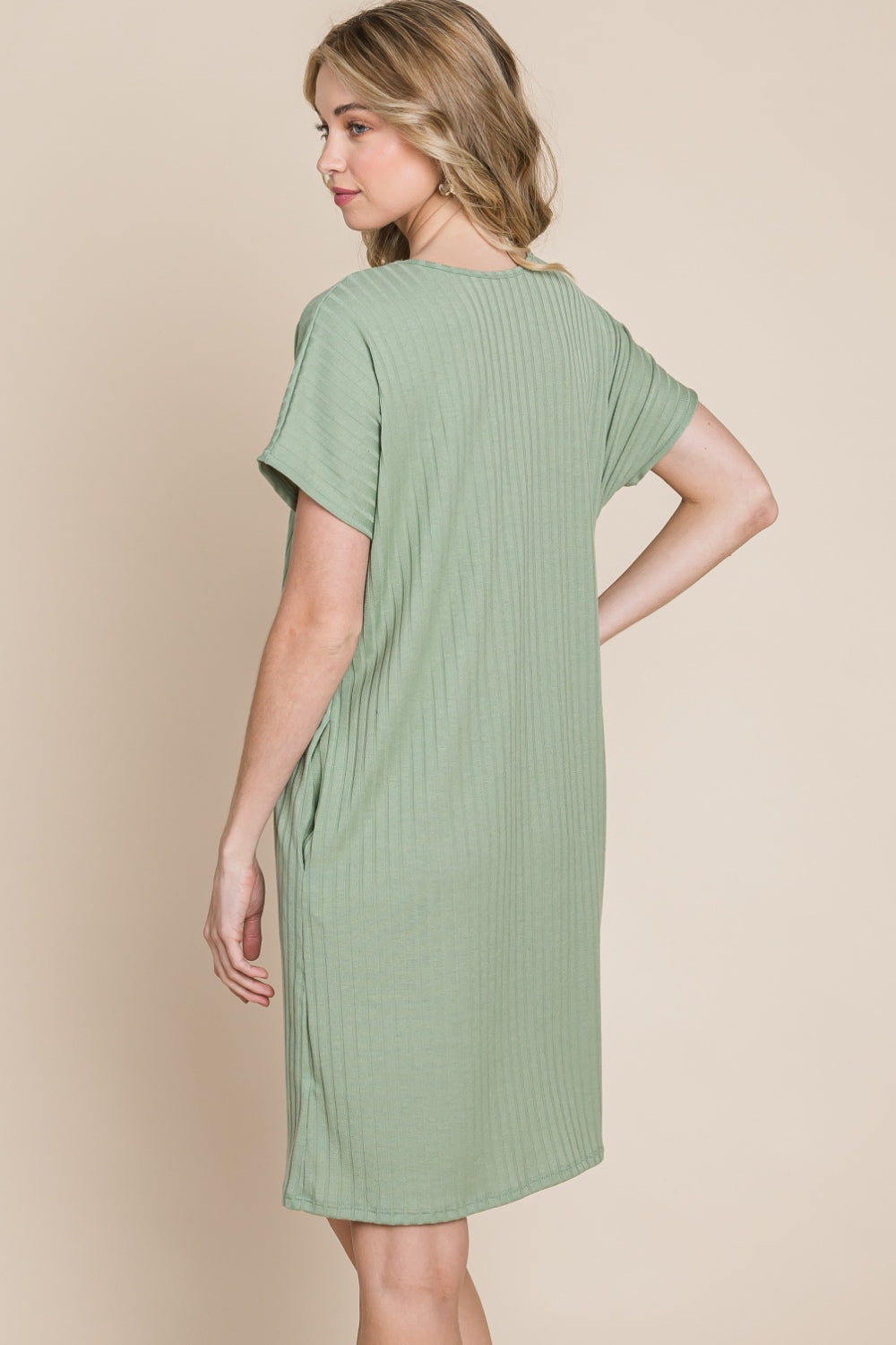 BOMBOM Ribbed Round Neck Short Sleeve Dress - NeoKira Unlimited