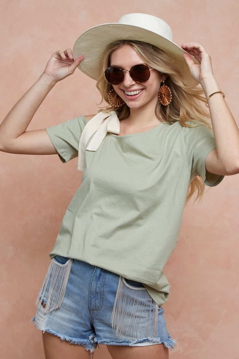 BiBi Tied Ribbon One Shoulder Short Sleeve T-Shirt T-Shirt Trendsi   