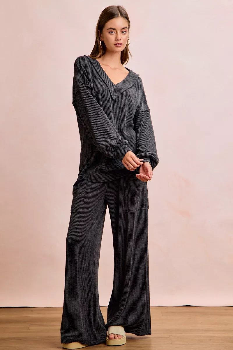 BiBi Two Tone Cord Rib Contrast Stitching V-Neck Top and Pants Set Boho Chic - NeoKira Unlimited