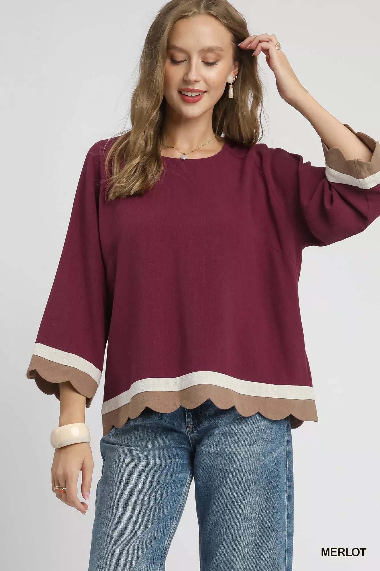 Umgee Scalloped Hem Linen Blend Color Block Top Chic Casual - NeoKira Unlimited