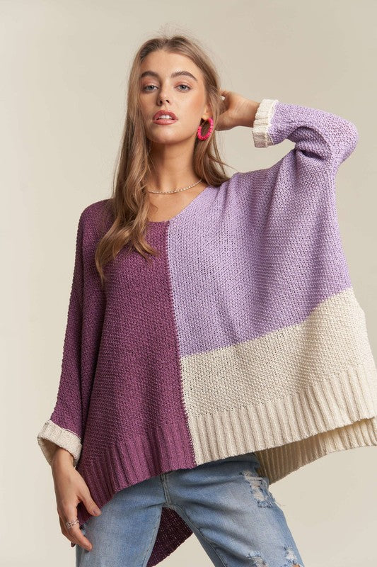 ADORA Side Slit Color Block Long Sleeve Sweater - NeoKira Unlimited
