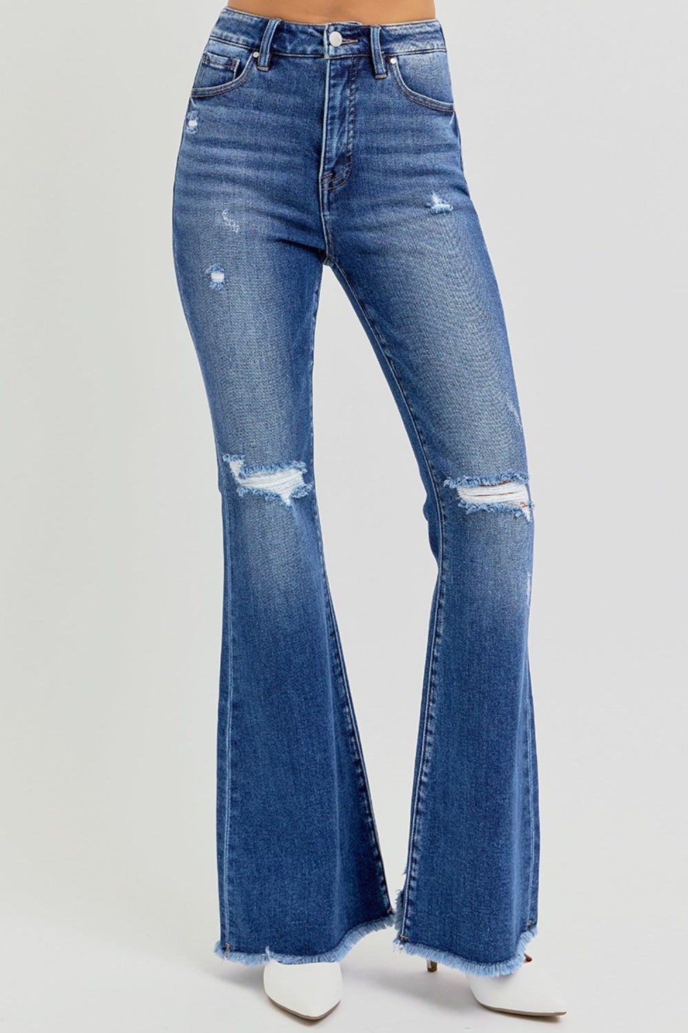 RISEN Full Size High Rise Distressed Raw Hem Flare Jeans - NeoKira Unlimited