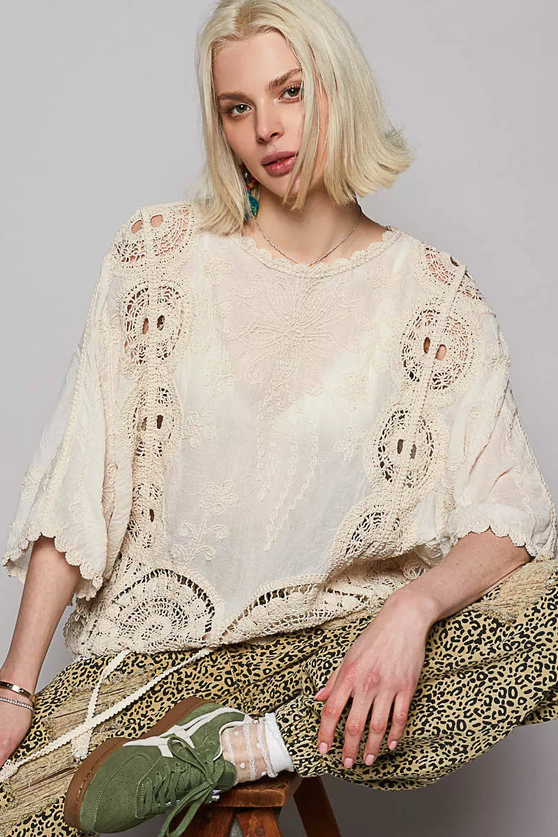 POL Round Neck Crochet Top with Floral Embroidery Detail Boho Chic - NeoKira Unlimited