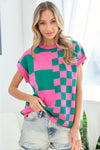 First Love Checkered Drop Shoulder Knit Top Top Trendsi   