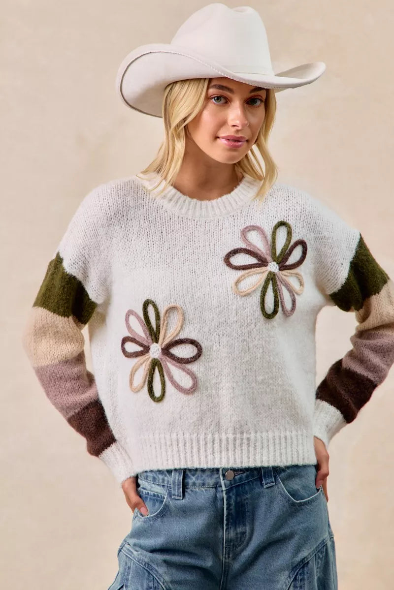 BiBi Flower Color Block Sweater Retro Y2K Cozy Streetwear Style - NeoKira Unlimited