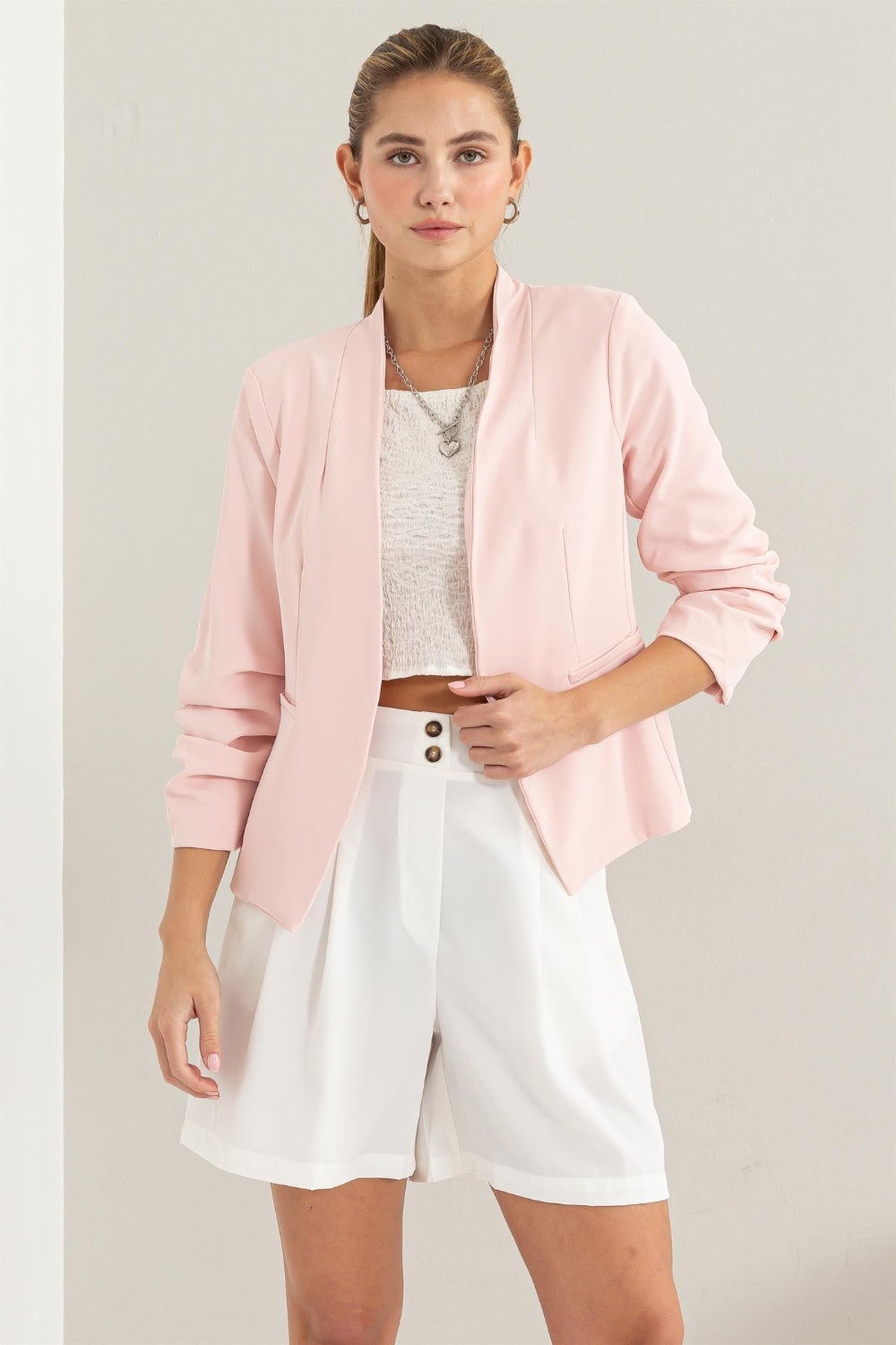 HYFVE Open Front Ruched Sleeve Blazer Blazer Trendsi Blush S 