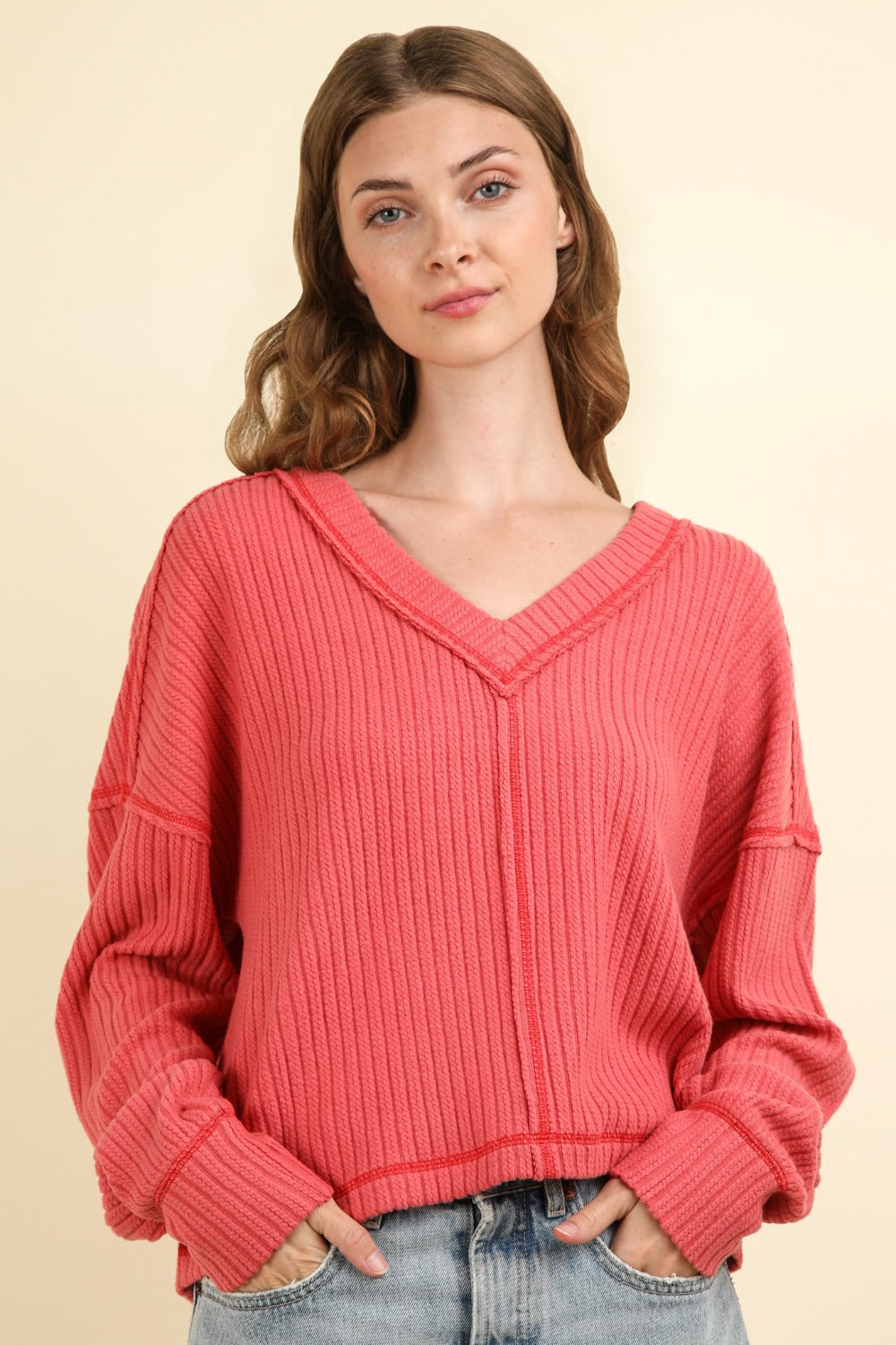VERY J Exposed Seam V-Neck Ribbed Knit Top - NeoKira Unlimited