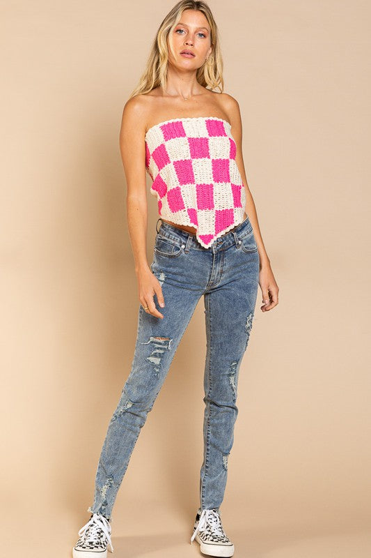 POL Checkerboard Pattern Tube Top Sweater - NeoKira Unlimited