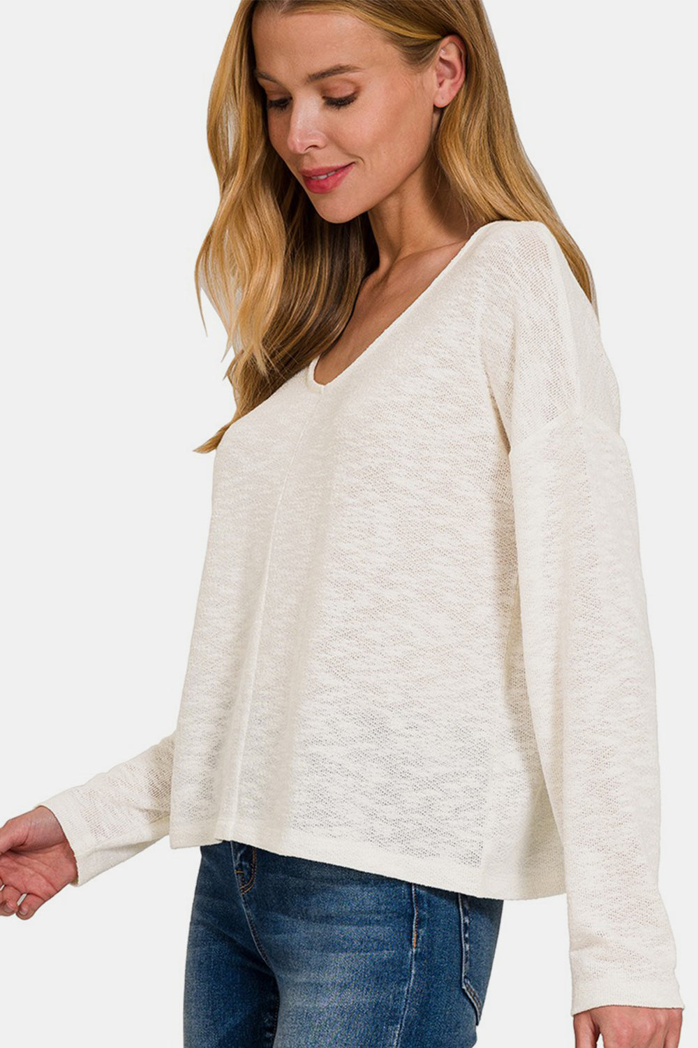 Zenana V-Neck Dropped Shoulder Long Sleeve T-Shirt - NeoKira Unlimited