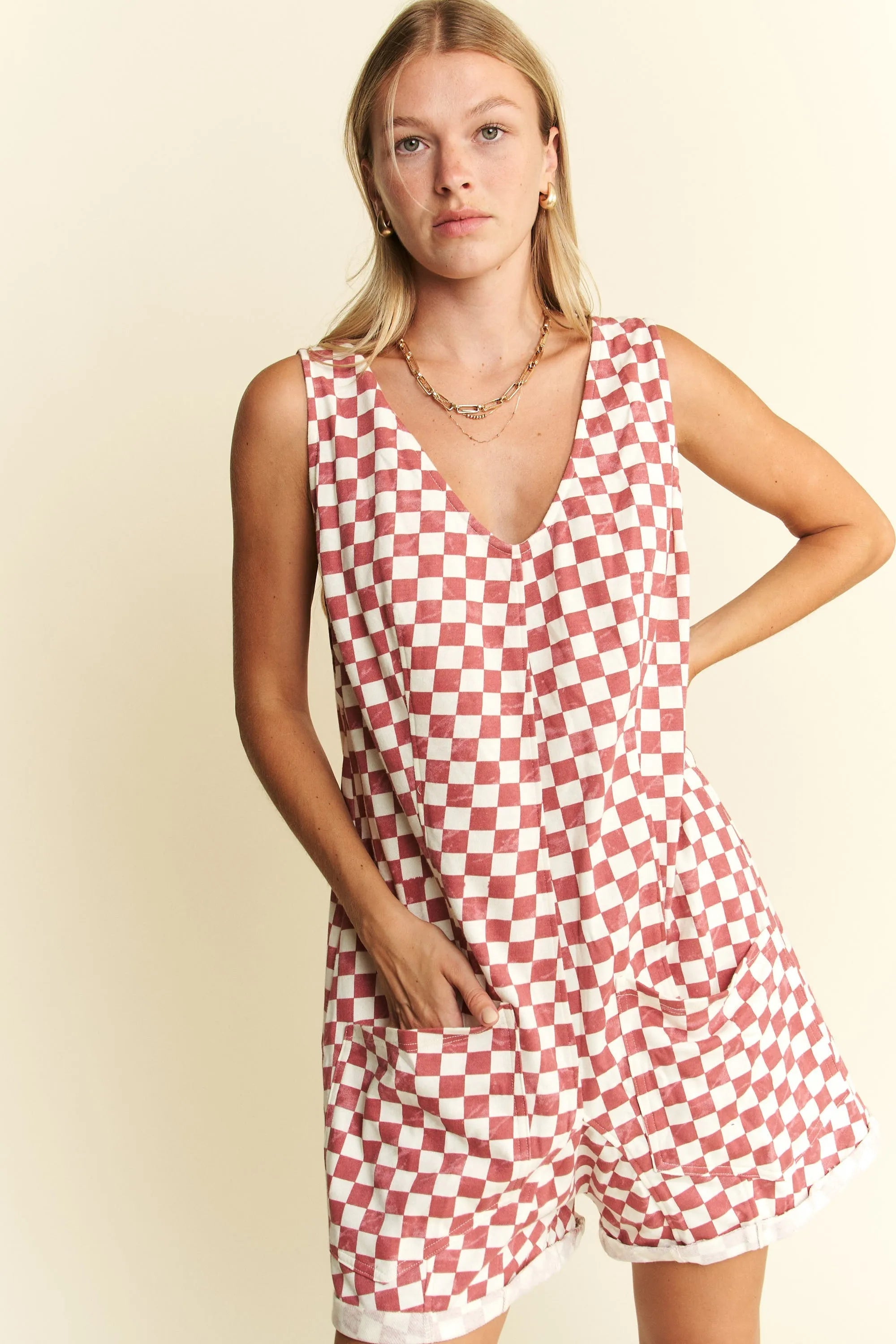 Jade By Jane Red White Checkerboard Print Sleeveless Romper – Plus Size - NeoKira Unlimited