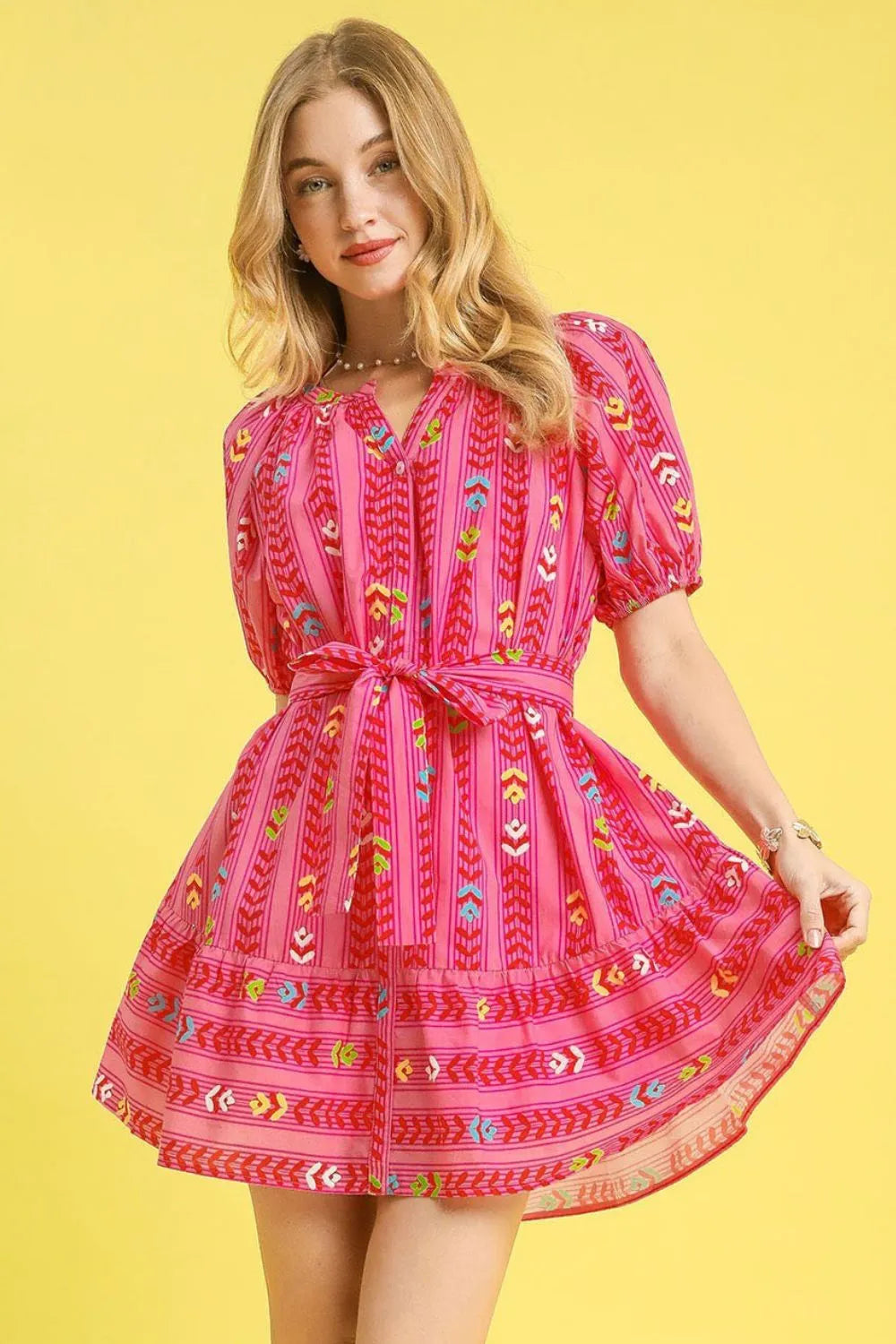 Umgee Boho Ethnic Chic Pink Geometric Puff Sleeve Cotton Mini Dress - NeoKira Unlimited