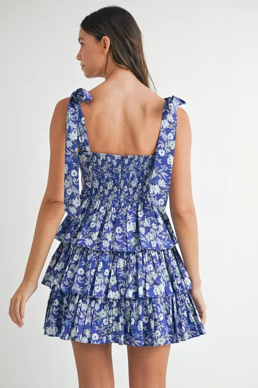 MABLE Floral Print Shoulder Tie Layered Mini Dress - NeoKira Unlimited