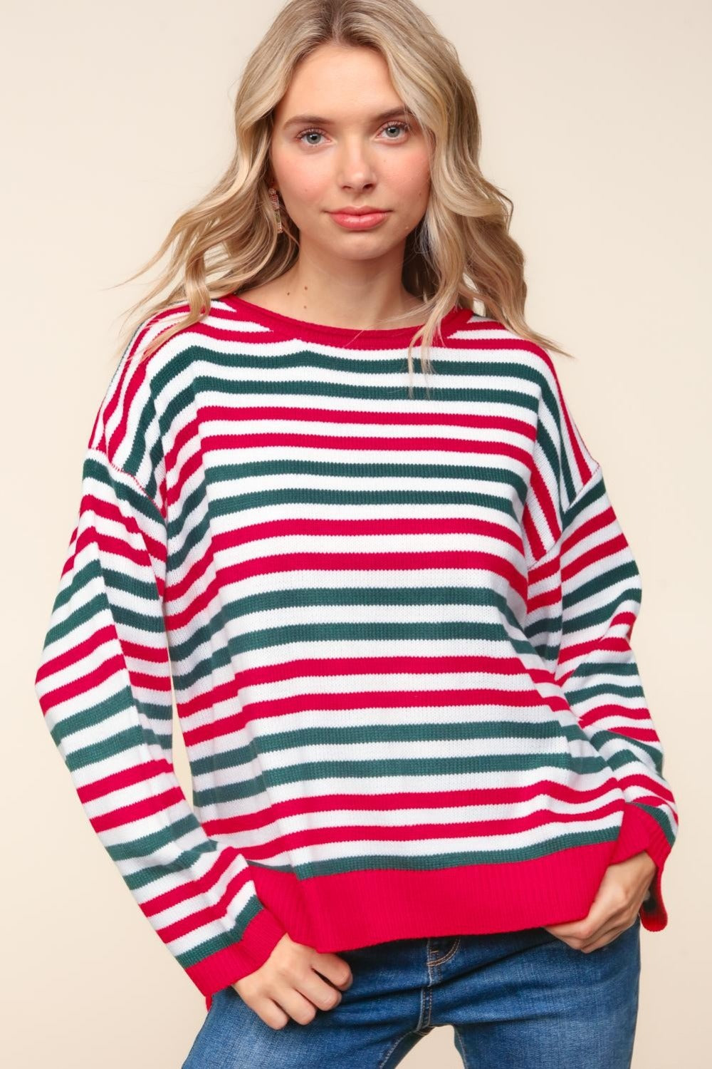 Haptics Full Size Striped Contrast Side Slit Knit Top - NeoKira Unlimited