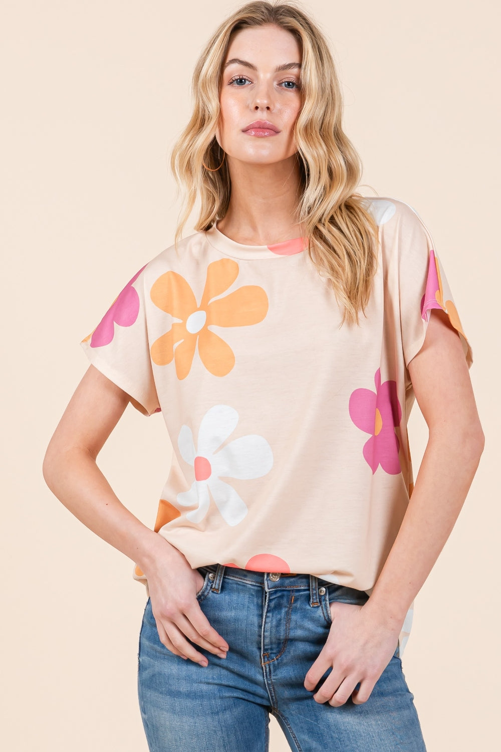 BOMBOM Floral Short Sleeve T-Shirt T-Shirt Trendsi Beige S 