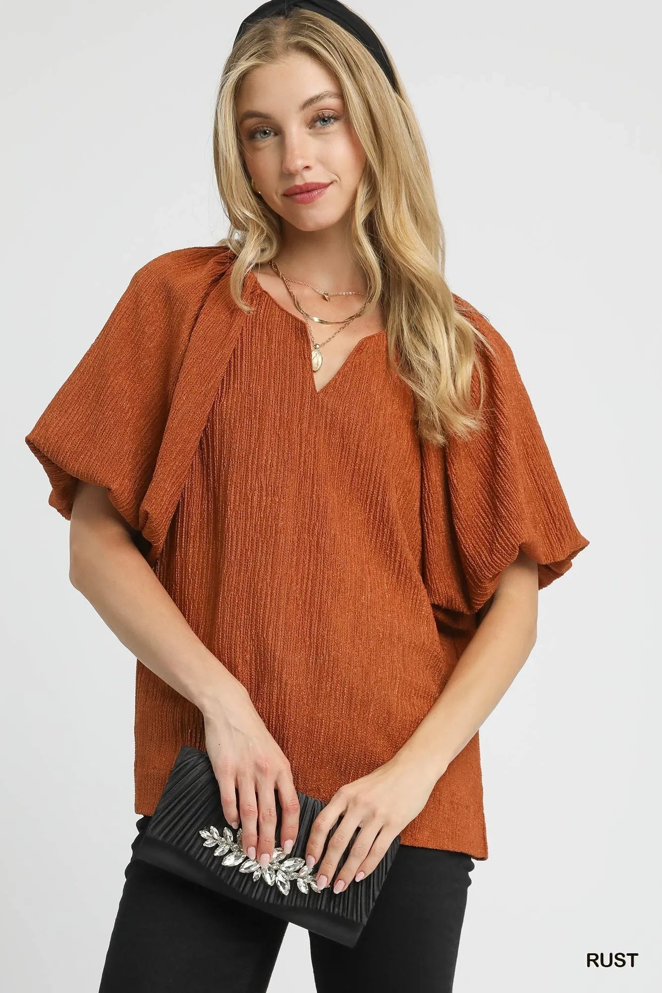 Umgee Textured Flutter Sleeve Notch Neck Top in Rust Orange - NeoKira Unlimited