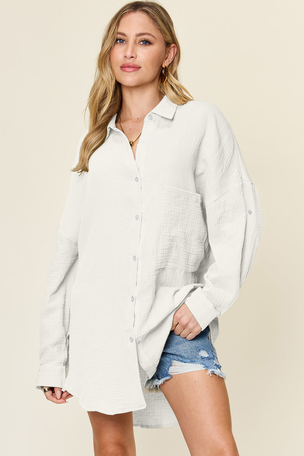 Double Take Full Size Pocketed Texture Button Up Shirt Shirt Trendsi   