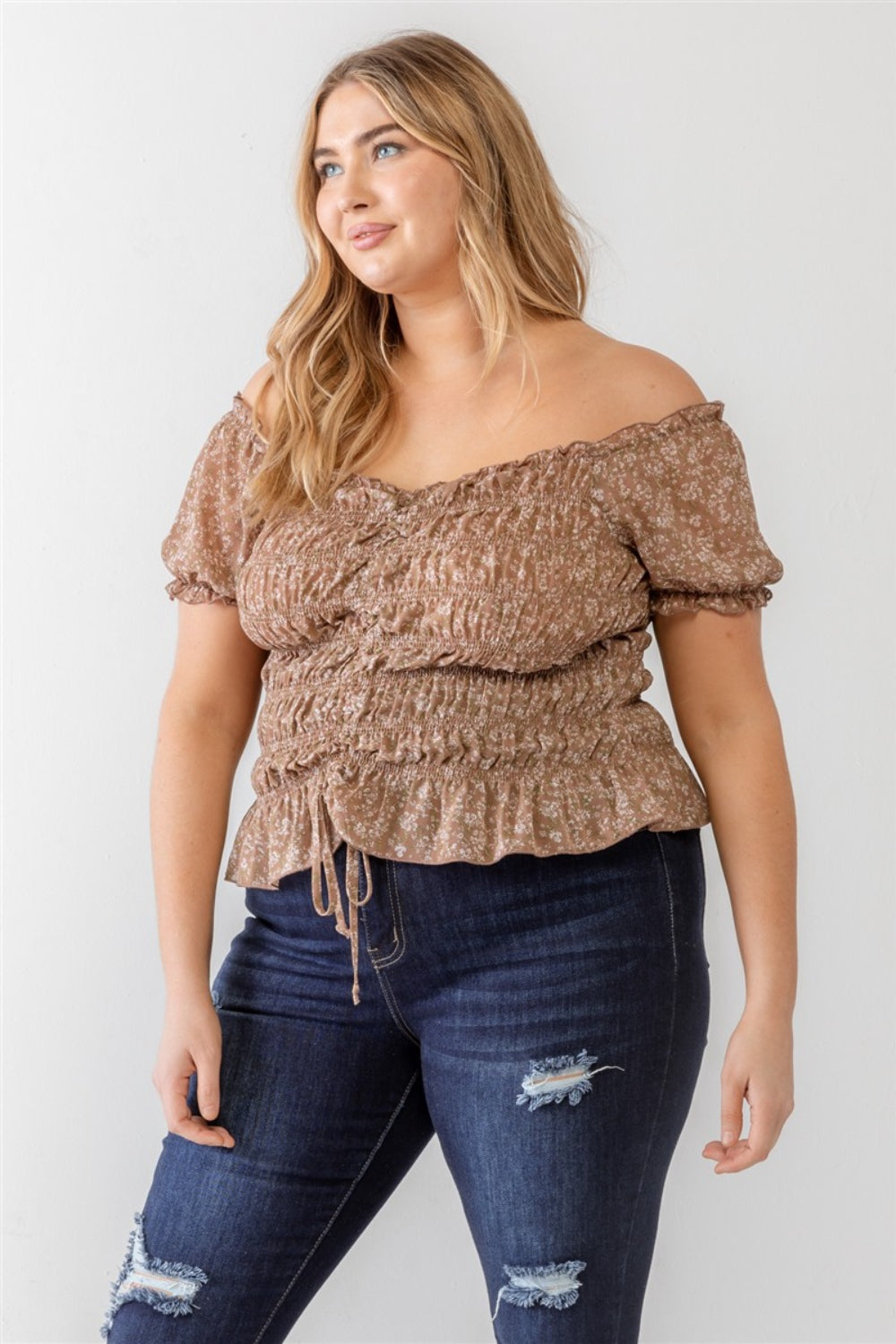 Zenobia Plus Size Frill Ruched Off-Shoulder Short Sleeve Blouse Top Trendsi   