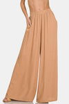 Zenana Pleated Linen Blend Wide Leg Pants Pants Trendsi Dk Brush S 