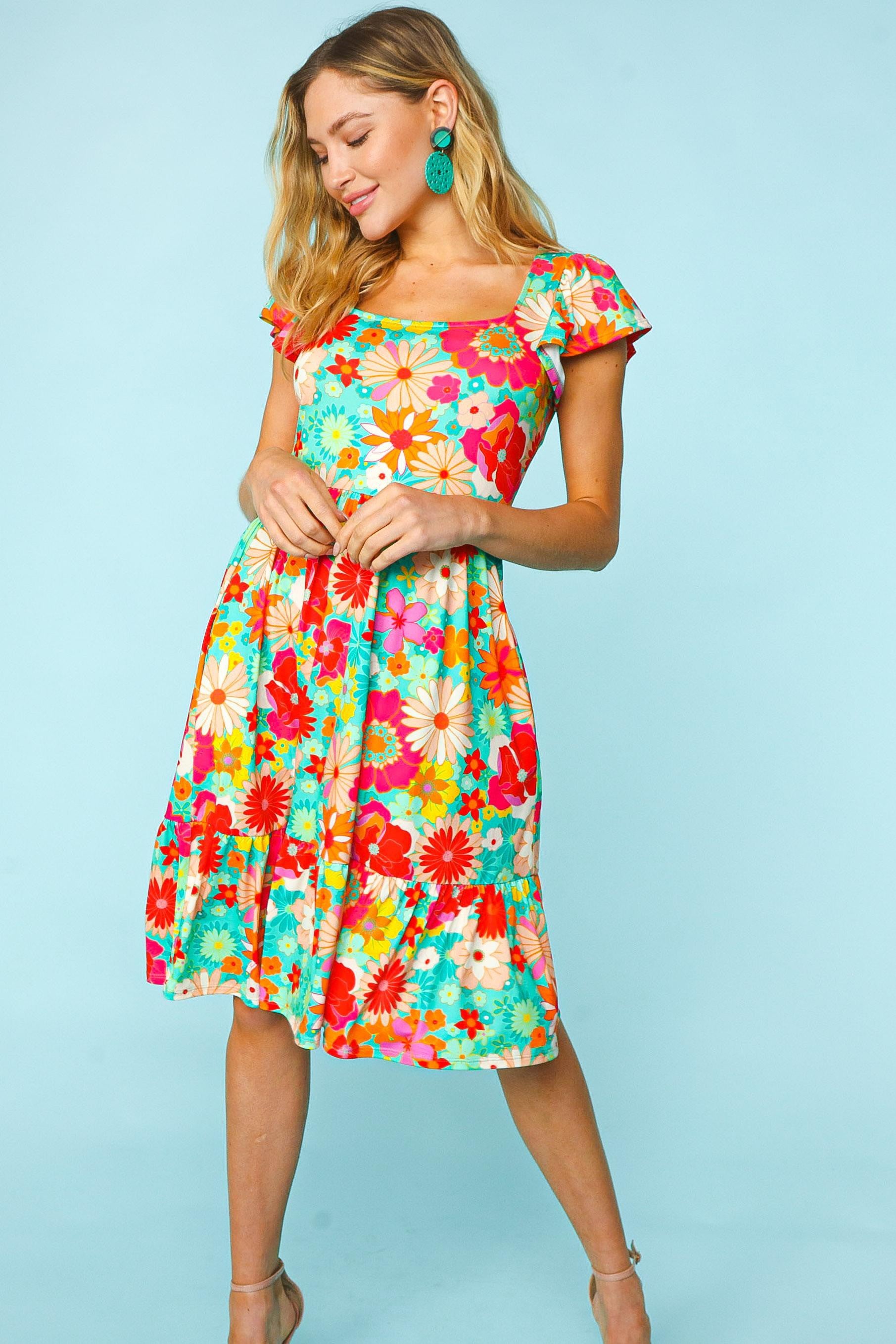 Haptics Floral Square Neck Short Sleeve Dress - NeoKira Unlimited