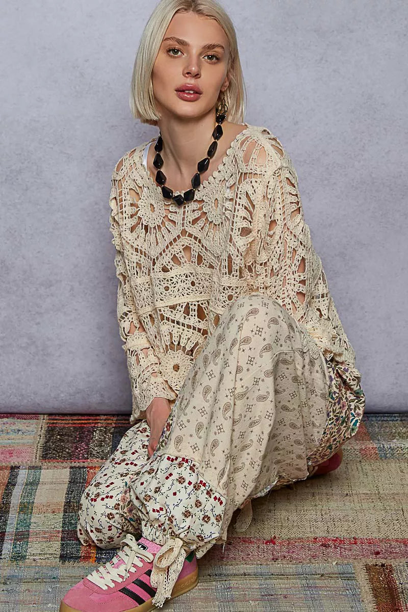 POL Round Neck Weave Knit Pattern Cropped Cover Up Boho Chic Style - NeoKira Unlimited