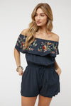 Floral Embroidered Off Shoulder Romper  Davi & Dani Ink Navy M 