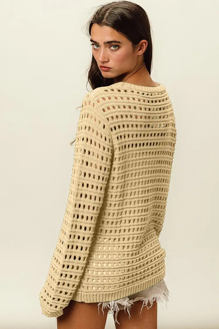 BiBi Round Neck Openwork Knit Cover Up - NeoKira Unlimited