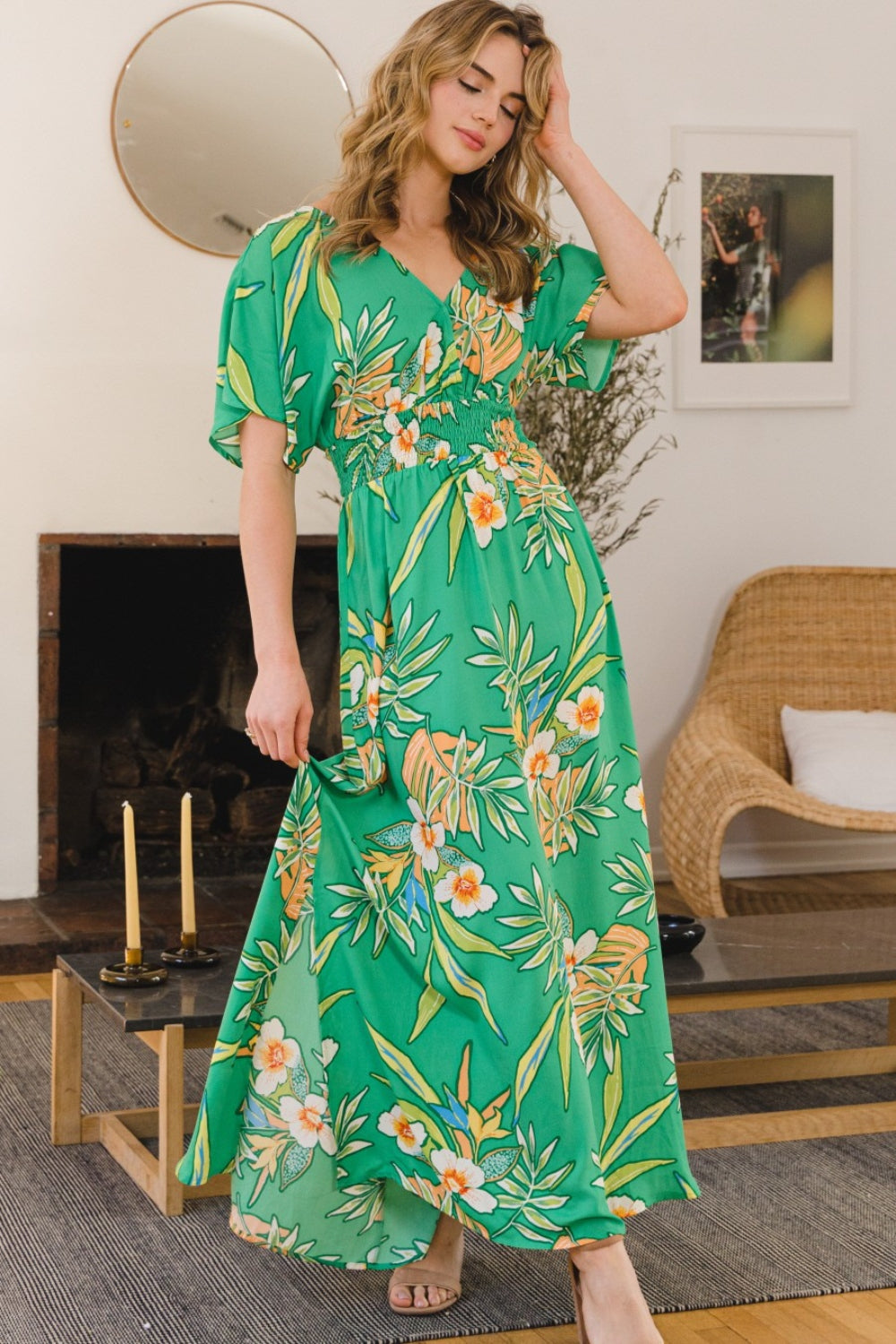 ODDI Full Size Floral Smocked Tied Back Maxi Dress - NeoKira Unlimited
