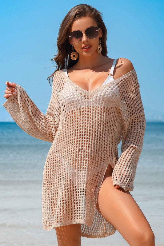 Boho Crochet Knit V-Neck Beach Cover-Up with Side Slits - NeoKira Unlimited