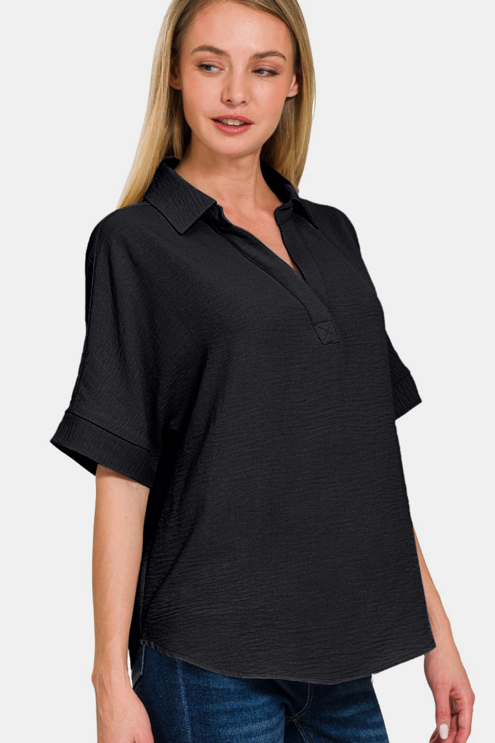 Zenana Full Size Texture Collared Neck Short Sleeve Top Top Trendsi   