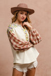 BiBi Floral Notched Plaid Balloon Sleeve Top - NeoKira Unlimited