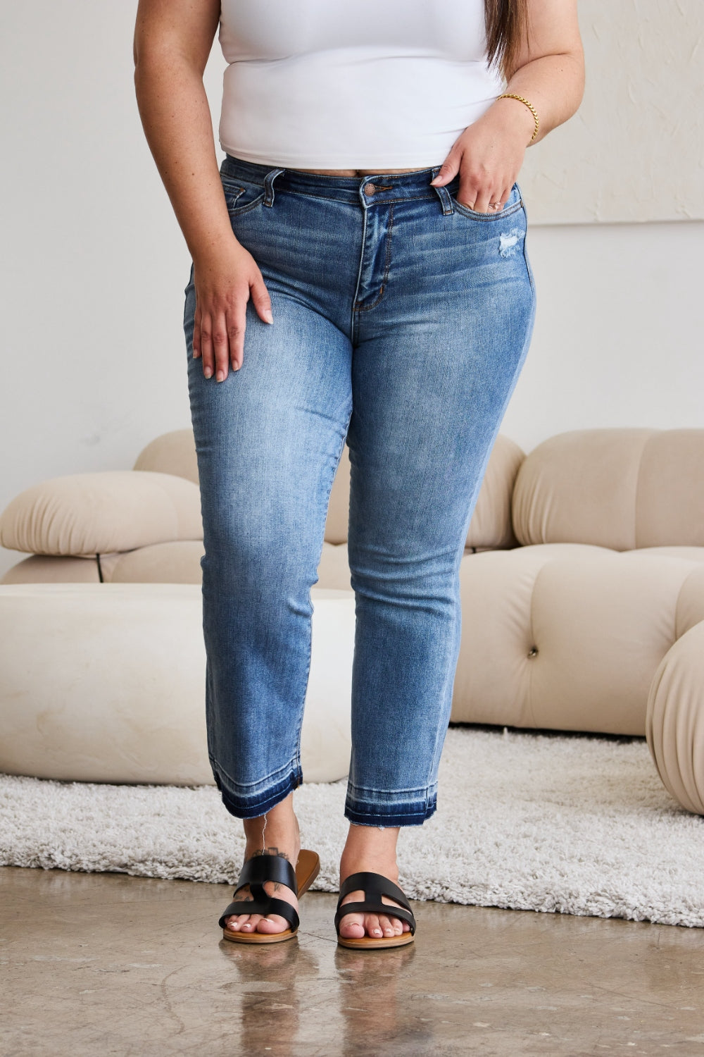 Judy Blue Full Size Release Hem Cropped Bootcut Jeans Jeans Trendsi   