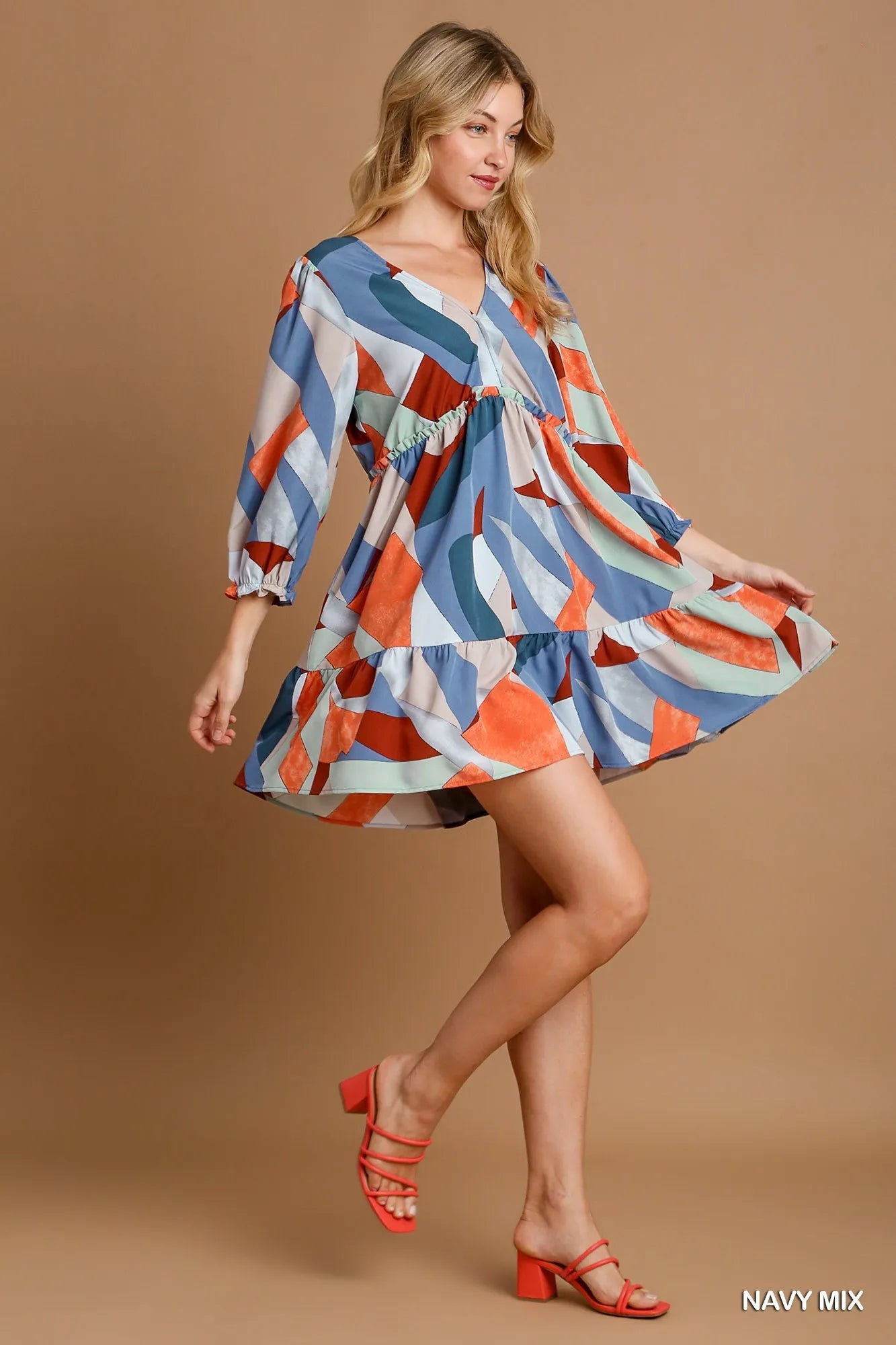Umgee Abstract Geometric V-Neck Tiered Printed Dress - NeoKira Unlimited