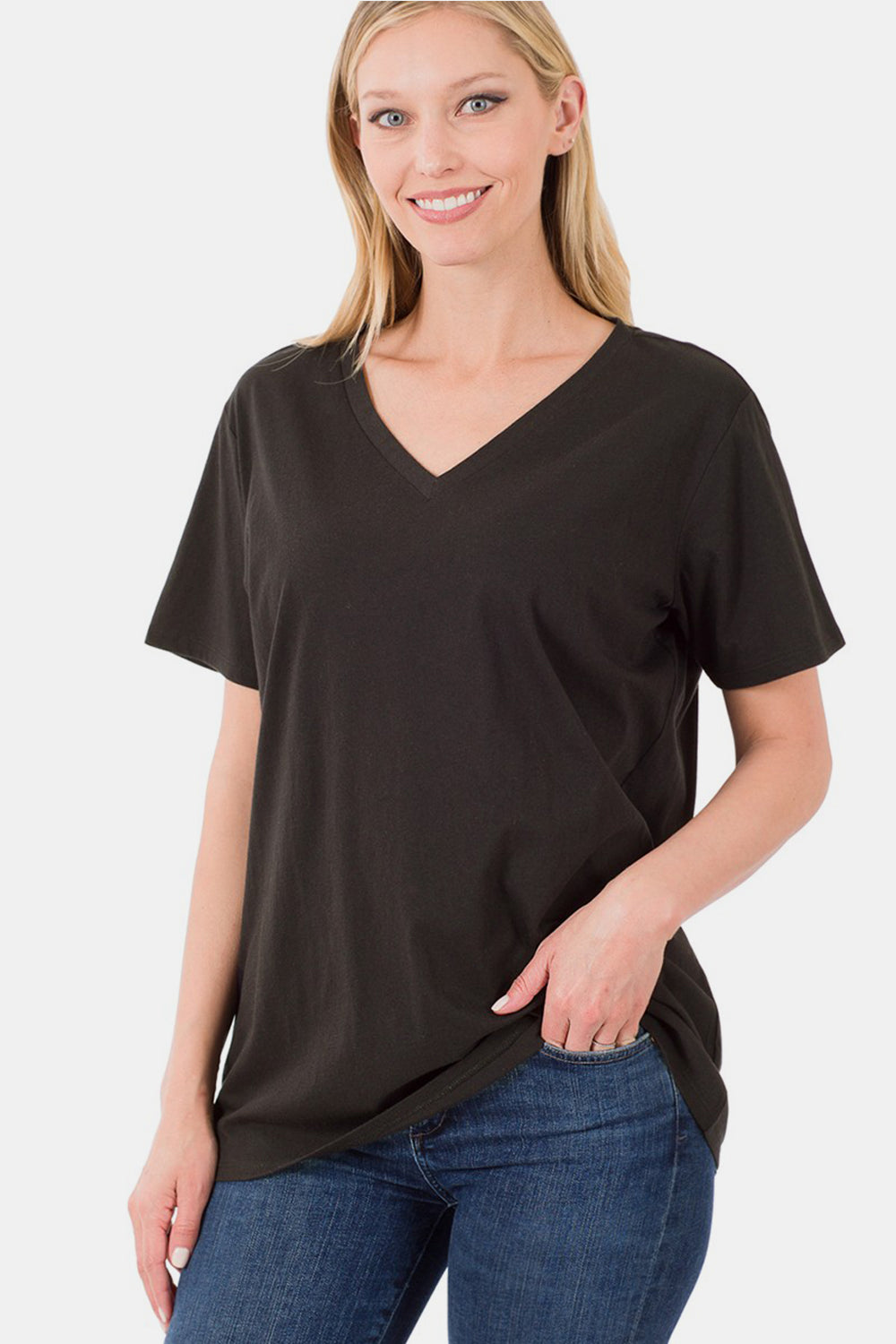 Zenana Full Size V-Neck Short Sleeve T-Shirt T-Shirt Trendsi Black S 