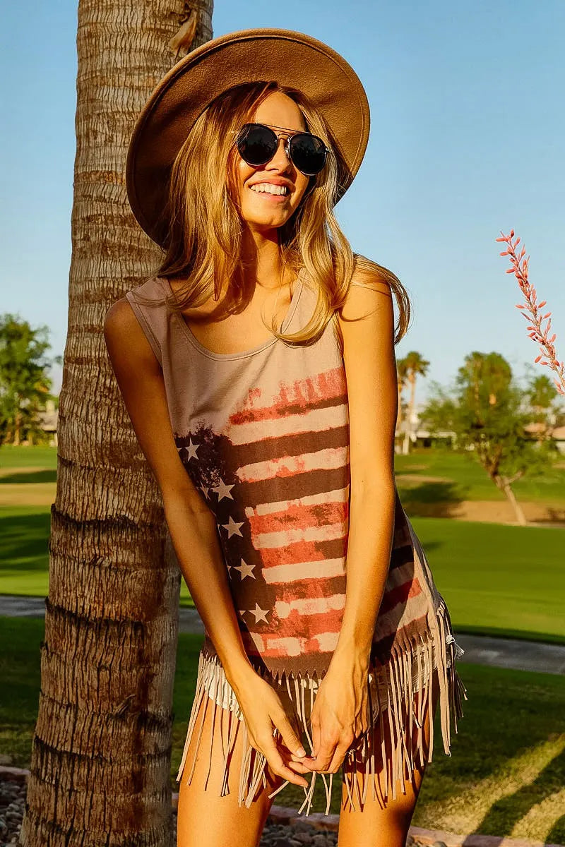 BiBi Distressed Flag Fringe Tank Top – Boho Americana Vibes - NeoKira Unlimited