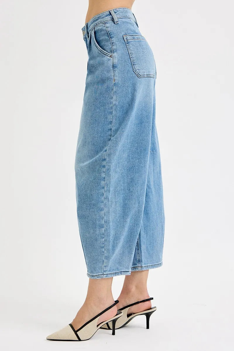 RISEN Full Size Mid-Rise Light Blue Wide Leg Cropped Jeans Relaxed Vintage Boyfriend Fit - NeoKira Unlimited
