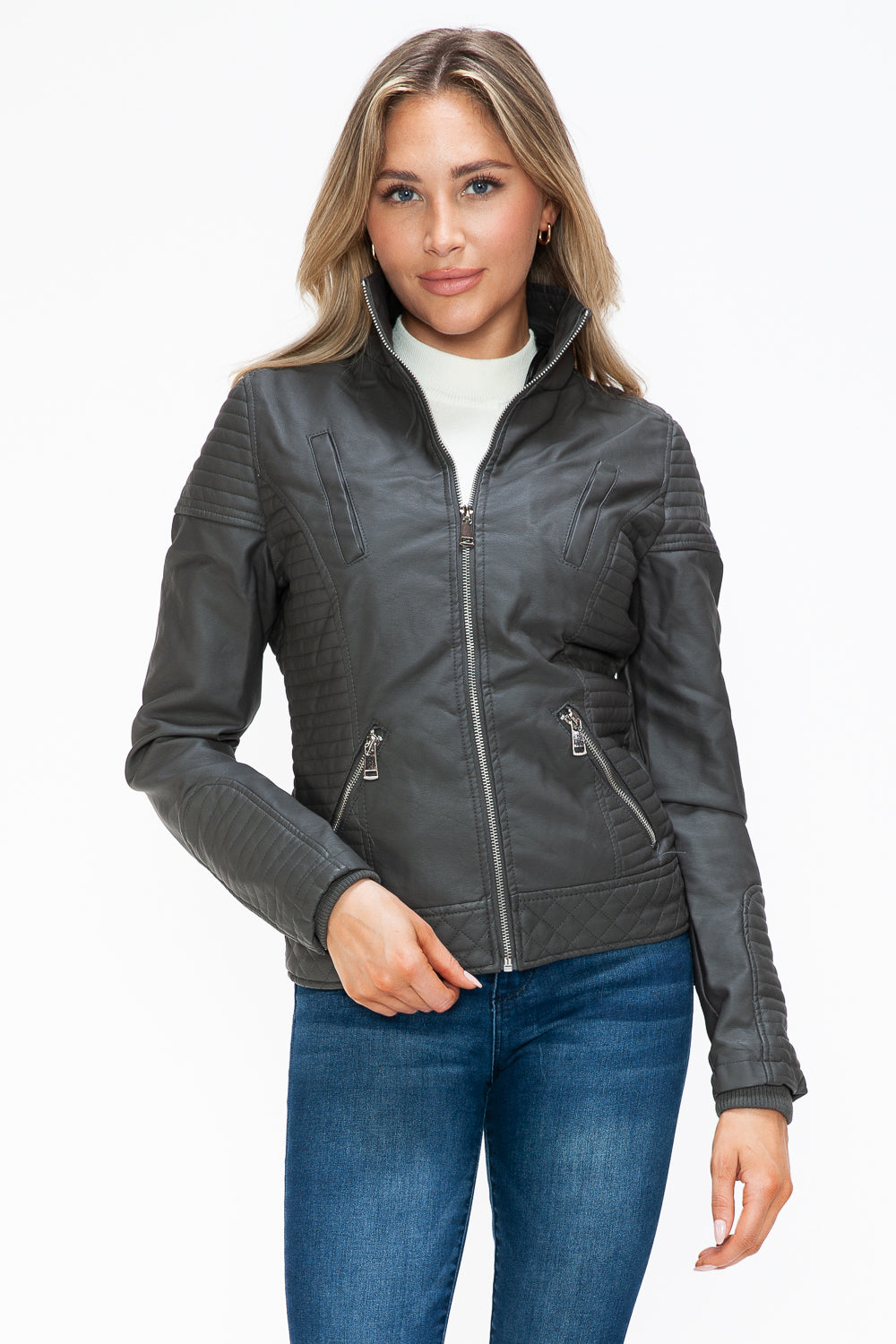 YMI Faux Layered Double-Zipper Jacket with Fuzzy Hood - NeoKira Unlimited