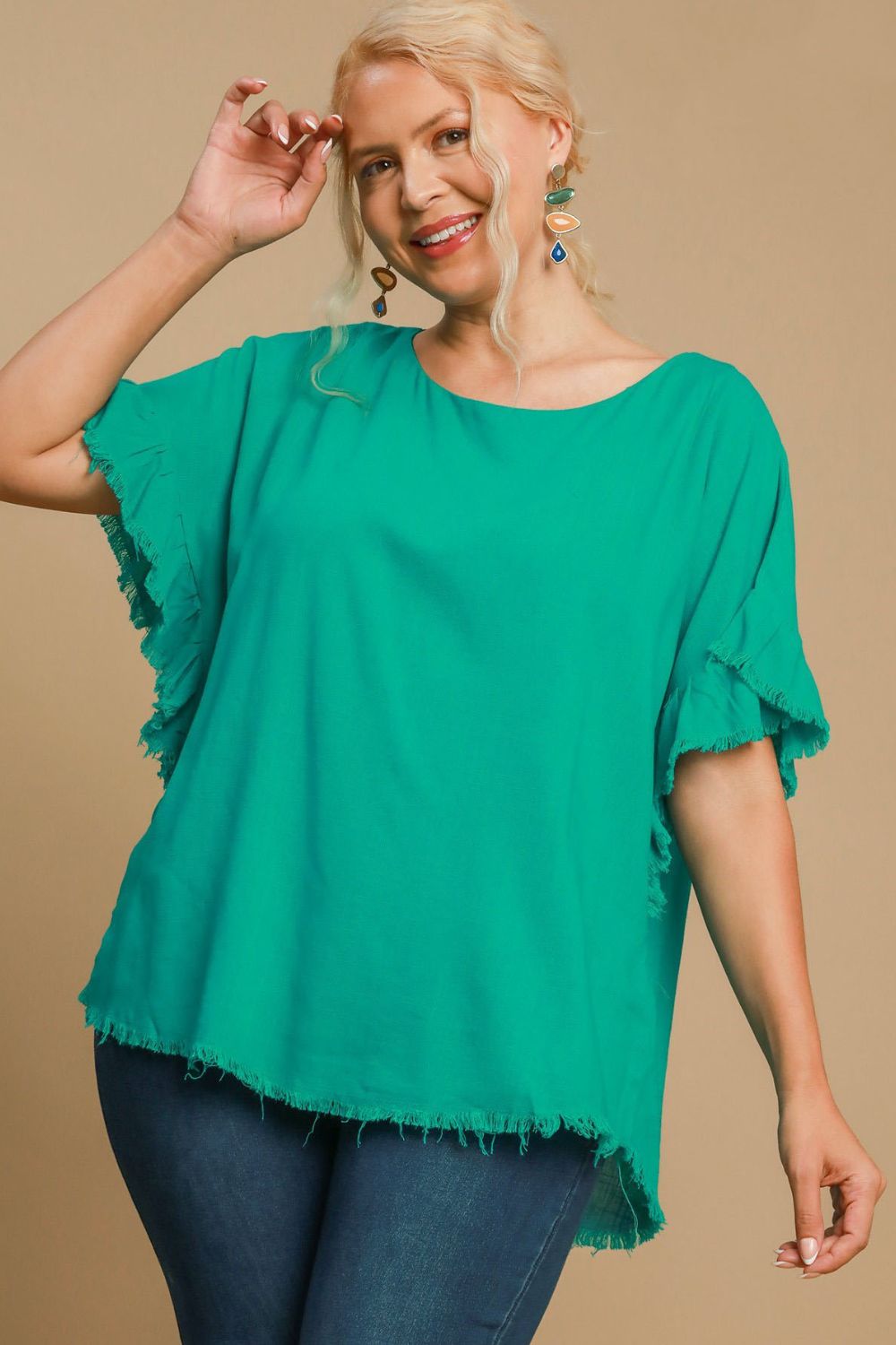 Umgee Full Size Raw Hem Ruffle Short Sleeve Blouse Plus Size - NeoKira Unlimited