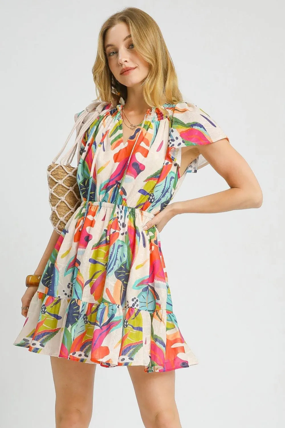 Umgee Tropical Print Smocked Mini Dress Tie Neck and Flutter Sleeves - NeoKira Unlimited