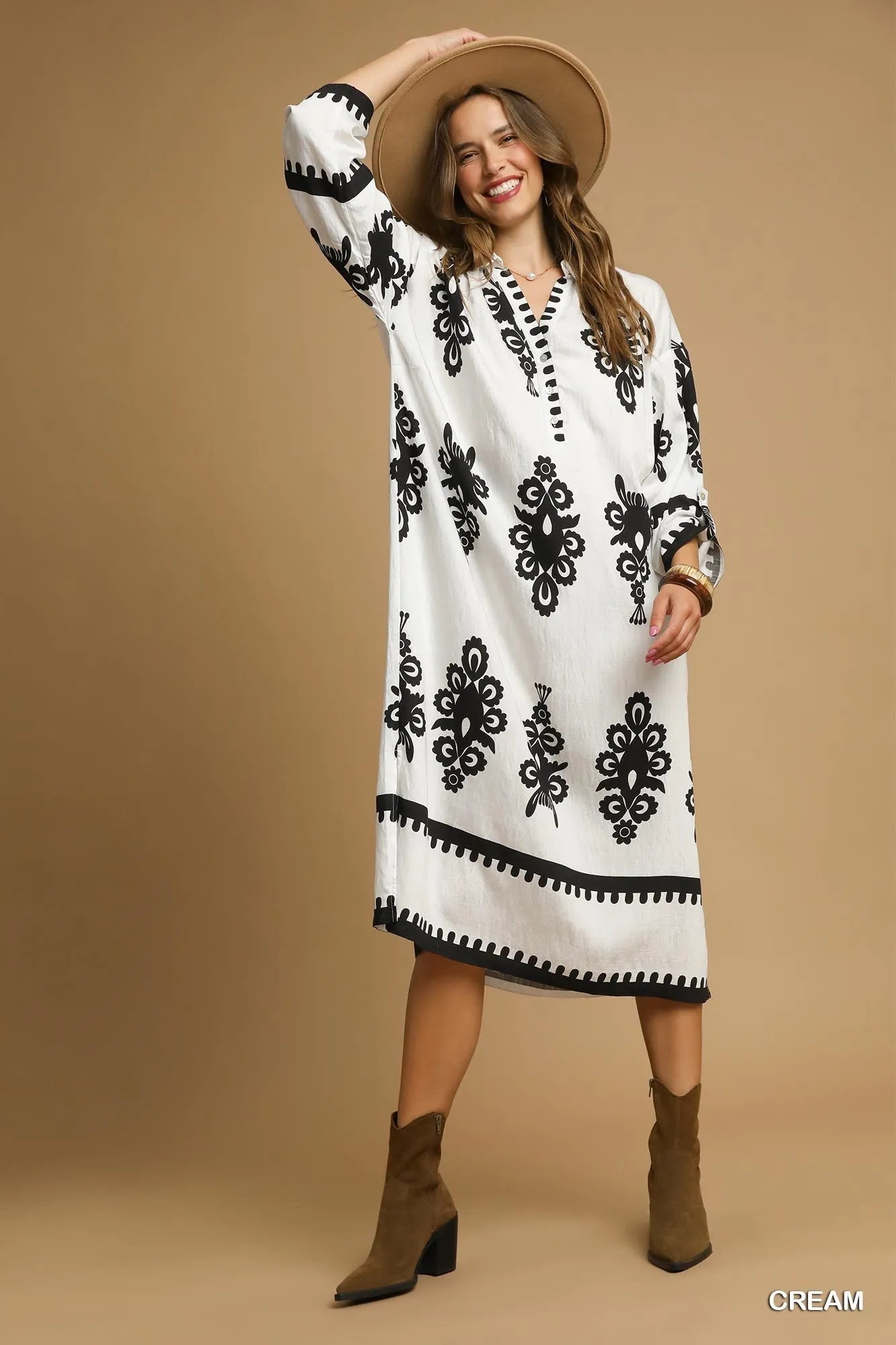 Umgee Abstract Print Midi Dress Black and White Artsy Style - NeoKira Unlimited