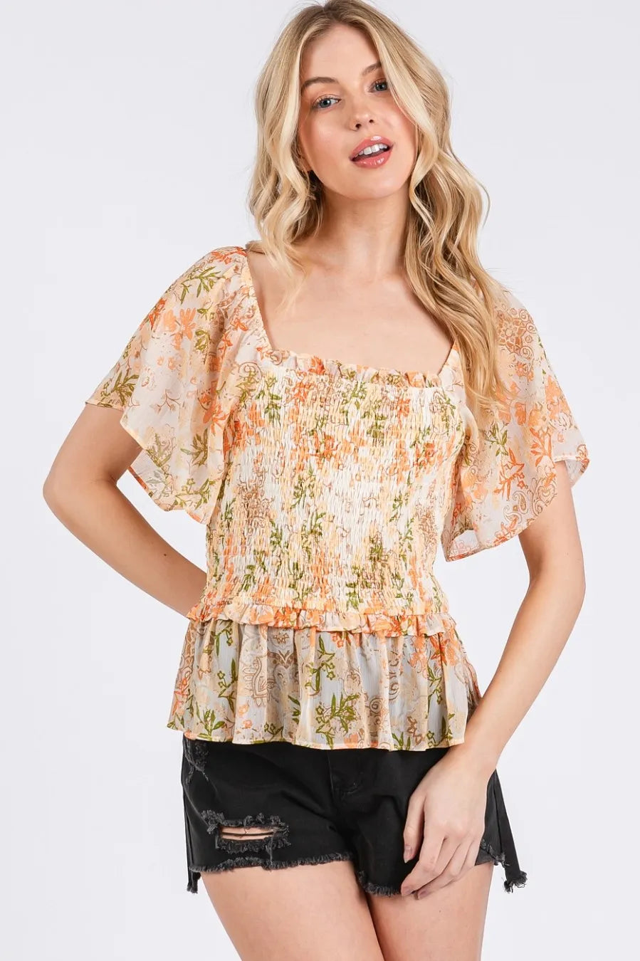 Mittoshop Floral Chiffon Smocked Square Neck Peplum Top - NeoKira Unlimited