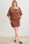 Zenobia Plus Size Smocked Printed Square Neck Mini Dress Mini Dress Trendsi Brown 1XL 