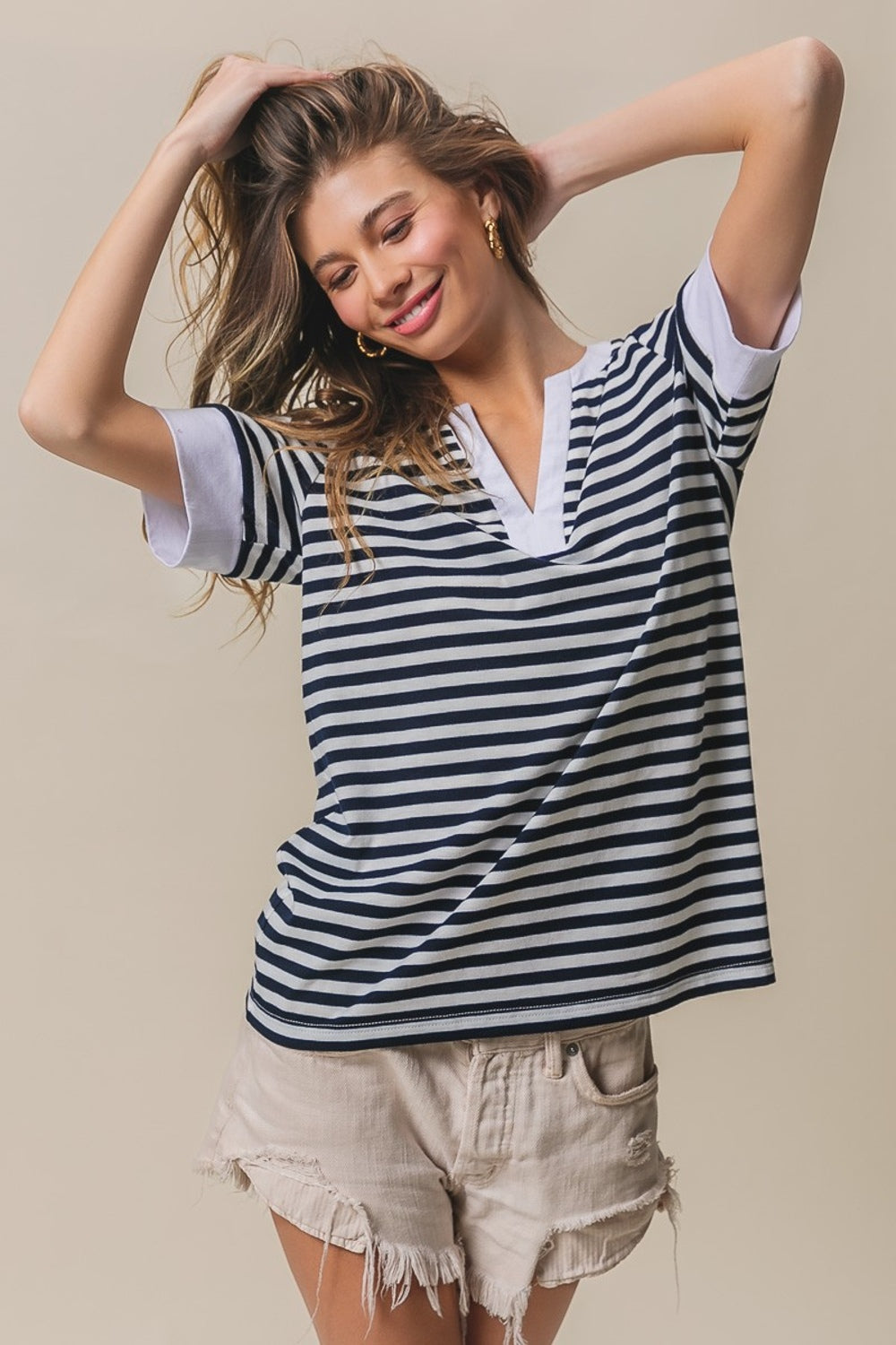 BiBi Contrast Striped Notched Knit Top - NeoKira Unlimited