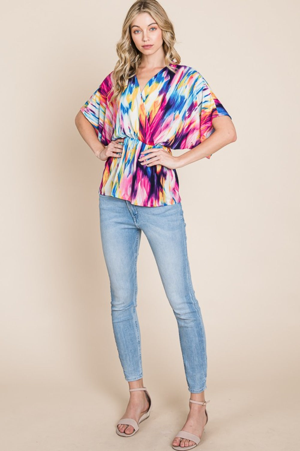 BOMBOM Printed Surplice Peplum Blouse Blouse Trendsi   